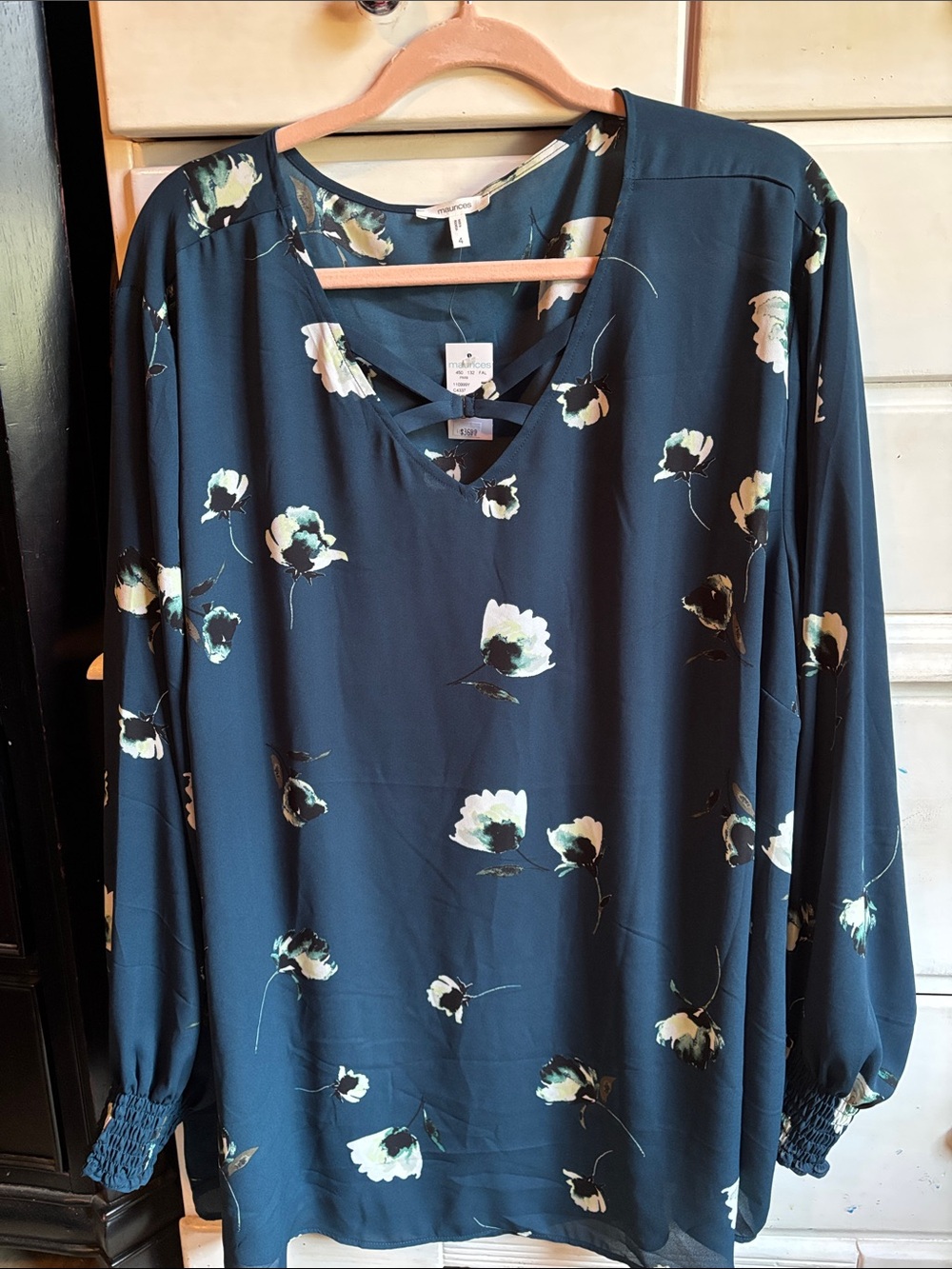 Maurices Teal Floral V-Neck Crisscross Long Sleeve Tunic